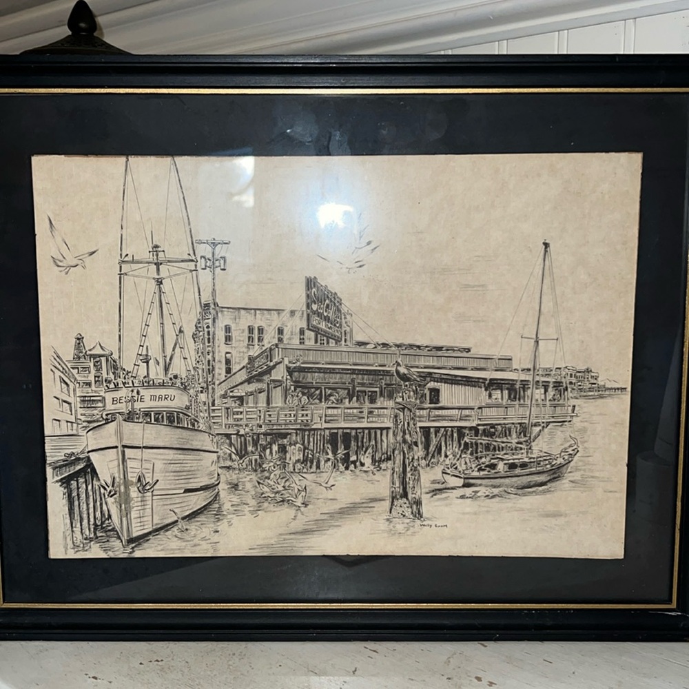 Vintage Wally Exum pencil sketch Port Townsend WA Nautical Sea galley framed